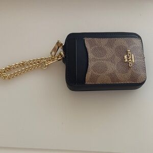 Coach Black and Brown Card Holder with Gold Chain